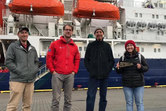 Chris Cox, Matthew Shupe, Byron Blomquist and Sara Morris in front of Polarstern