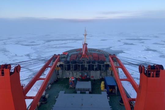 The bow of the Akademik Fedorov as we sail north in the High Arctic. Photo: Jessie Creamean, Colorado State University