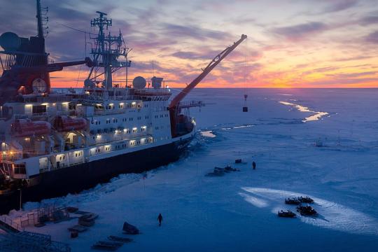 The MOSAiC ice camp and RV Polarstern. (Photo credit: Stefan Hendricks)