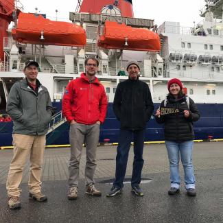 Chris Cox, Matthew Shupe, Byron Blomquist and Sara Morris in front of Polarstern