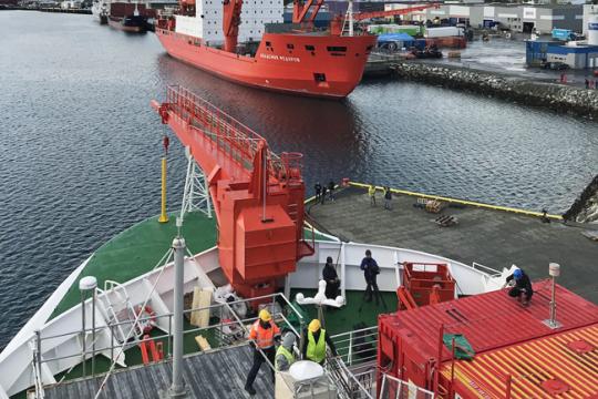 A view of RV Akademik Fedorov, a Russian icebreaker that will accompany RV Polarstern up to the sea ice and help set up a network of equipment around the Polarstern. Photo: Chris Marsay/UGA
