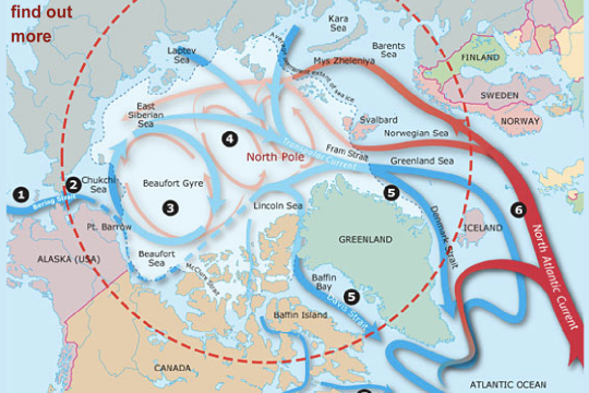 In this interactive graphic, students click on Arctic Ocean currents to follow sea water as it enters and exits the Arctic.