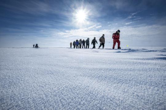 Hoarfrost covers the snow where researchers cross a lagoon in Utqiavik, AK on April 9, 2019. (Bonnie Jo Mount/The Washington Post)