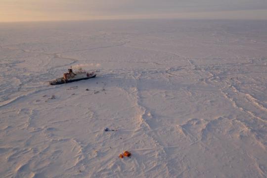 The German Arctic research vessel Polarstern in the ice next to a research camp in the Arctic region, on April 24, 2020. Manuel Ernst—Alfred-Wegner-Institut/AP