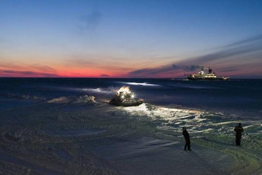 Captain Stefan Schwarze from the Polarstern visits the Kapitan Dranitsyn icebreaker after the two vessels met in the ice in March. Credit: Michael Gutsche/Alfred-Wegener-Institut