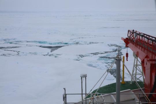 The German research vessel POLARSTERN returns to the MOSAiC ice floe after crew exchange near Svalbard.