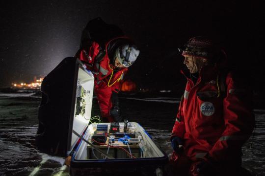 Scientists from the University of Colorado measure how fast the greenhouse gases carbon dioxide and methane move between the atmosphere and the ocean, on Nov. 20, 2019. Photographer: Esther Horvath/Alfred-Wegener-Institut