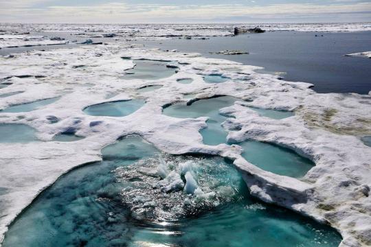 Ice is broken up by the passing of the Finnish icebreaker MSV Nordica as it sails through the Beaufort Sea off the coast of Alaska in 2017. (AP Photo/David Goldman, File)