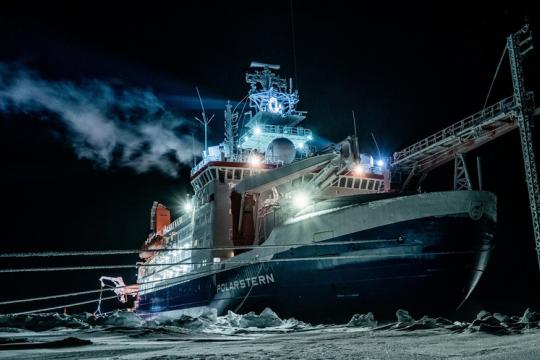 The research icebreaker Polarstern, at the center of the largest Arctic research expedition ever, is considered to be one of the most advanced and versatile polar research ships in the world. Photo: Lukas Piotrowski/MOSAiC Twitter 
