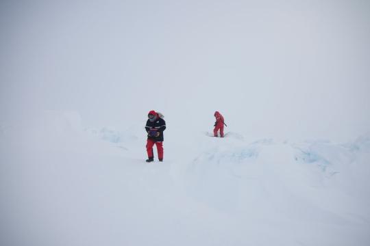 Team researchers from the MOSAiC expedition exploring the ice floes during the third leg of the expedition in April 2020. (Michael Gutsche)