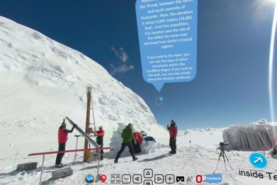 This screen capture is from Byrd Polar and Climate Research Center’s Virtual Ice Explorer tour called “Huascarán, Yungay, Peru,” showing scientists at work on the 2019 Ice Core Paleoclimatology expedition to Mount Huascarán. Credit: Byrd Polar and Climate Research Center