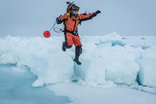 Photo by Lianna Nixon - Melinda Webster jumps onto ice covering the edge of a melt pond in 2020 to begin taking measurements of its depth.